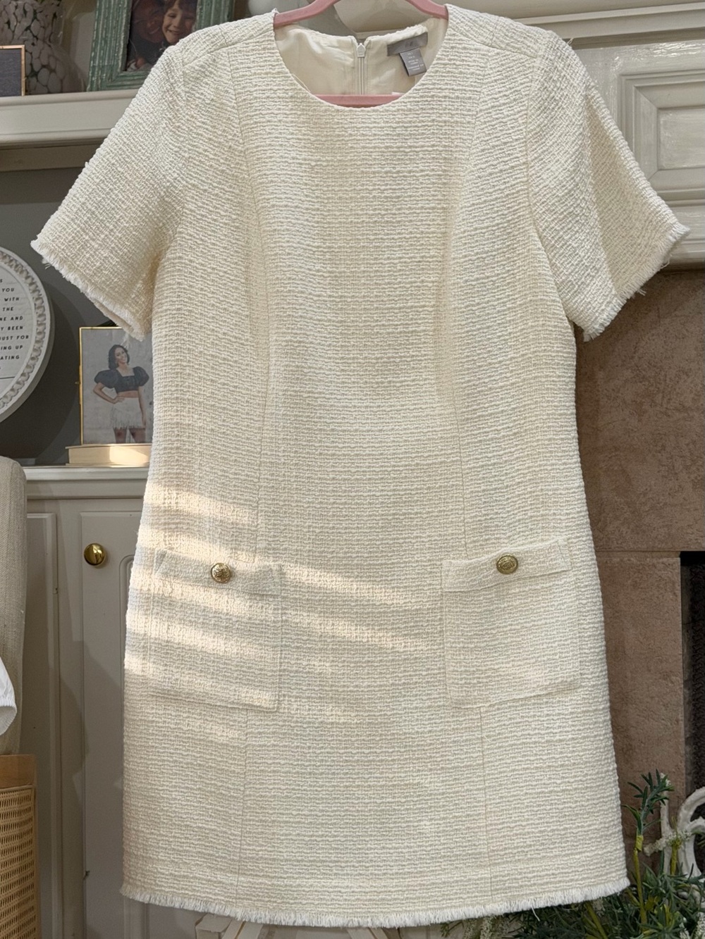 Cream Tweed Short-Sleeve Shift Dress by H&M, NWT Size L